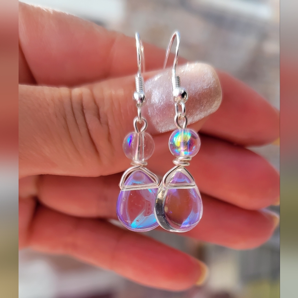 Handmade Rainbow Glass Bead Water Drop Earrings